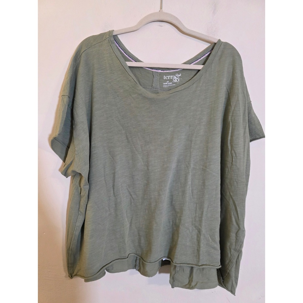 Terra & Sky Womens 2X Green Cotton Slub Pleated Back Short Sleeve T-Shirt Top